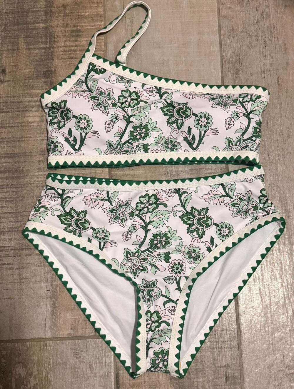 Retro Stage Green Floral One Shoulder High Waist Bikini Set